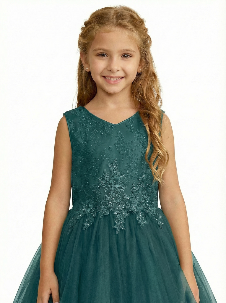 Sleeveless V-Neck Flower Girl Gown Tulle Dress with Beaded Lace Embroidery & Oversized Satin Bow for Formal Events & Weddings