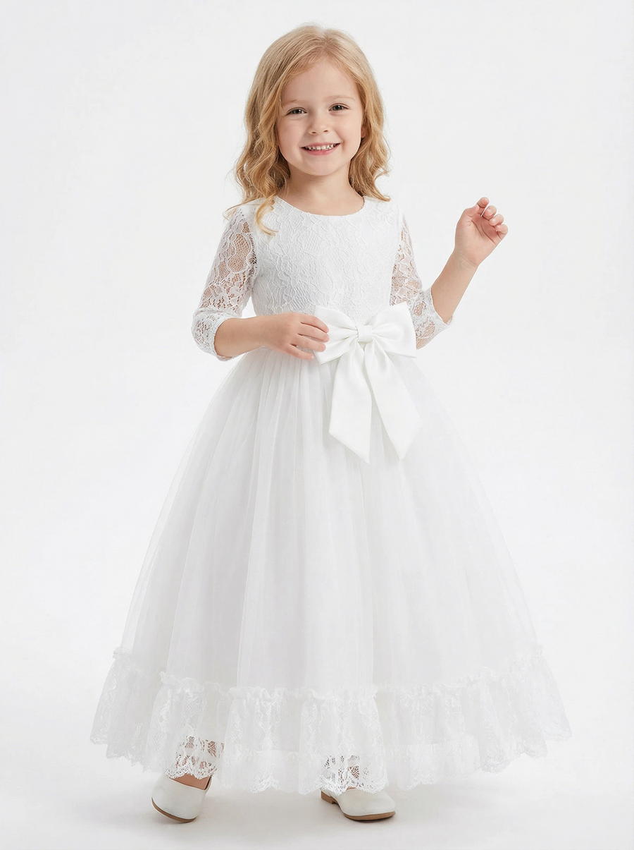 Three-Quarter Sleeve Round-Neck Flower Girl Gown Tulle Dress with Lace Overlay Satin Bow & Ruffled Hem for Wedding Celebrations