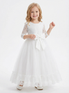 Three-Quarter Sleeve Round-Neck Flower Girl Gown Tulle Dress with Lace Overlay Satin Bow & Ruffled Hem for Wedding Celebrations