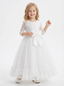 Three-Quarter Sleeve Round-Neck Flower Girl Gown Tulle Dress with Lace Overlay Satin Bow & Ruffled Hem for Wedding Celebrations