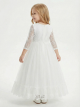 Three-Quarter Sleeve Round-Neck Flower Girl Gown Tulle Dress with Lace Overlay Satin Bow & Ruffled Hem for Wedding Celebrations