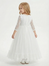 Three-Quarter Sleeve Round-Neck Flower Girl Gown Tulle Dress with Lace Overlay Satin Bow & Ruffled Hem for Wedding Celebrations