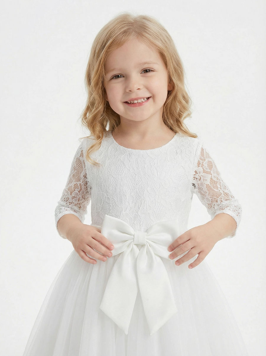 Three-Quarter Sleeve Round-Neck Flower Girl Gown Tulle Dress with Lace Overlay Satin Bow & Ruffled Hem for Wedding Celebrations