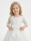 Three-Quarter Sleeve Round-Neck Flower Girl Gown Tulle Dress with Lace Overlay Satin Bow & Ruffled Hem for Wedding Celebrations
