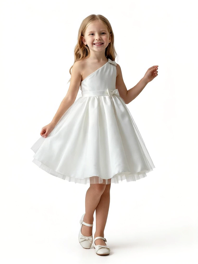 One-Shoulder Sleeveless Flower Girl Dress A-Line Satin & Tulle Gown with Waist Bow Detail for Weddings & Special Occasions