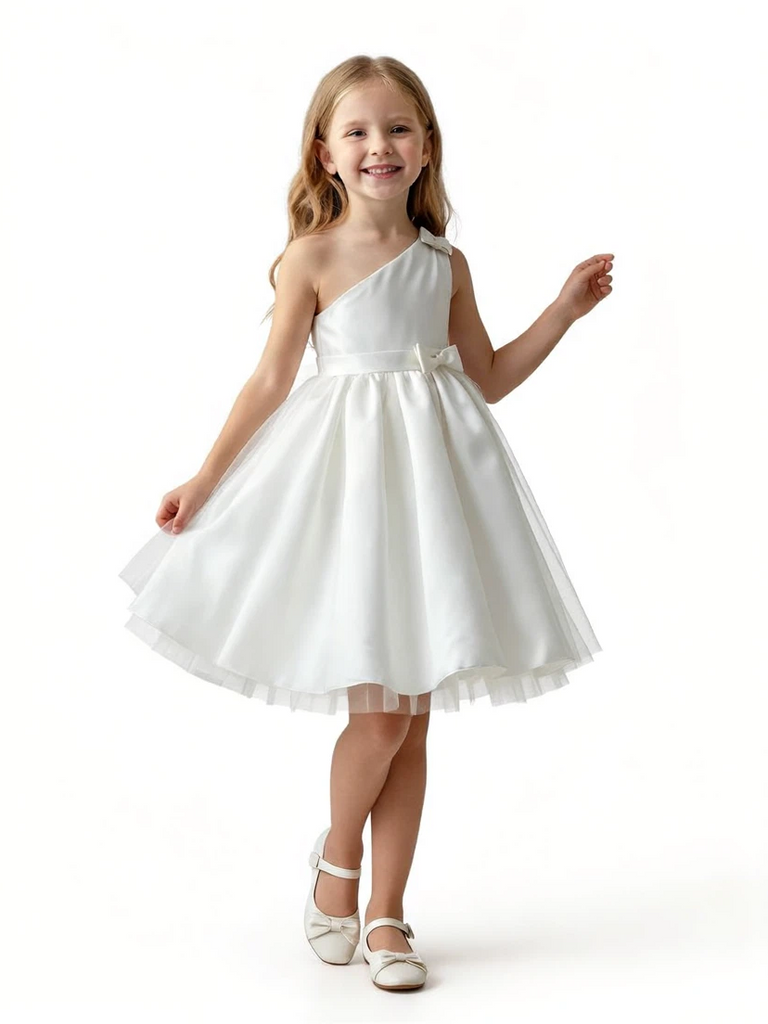 One-Shoulder Sleeveless Flower Girl Dress A-Line Satin & Tulle Gown with Waist Bow Detail for Weddings & Special Occasions