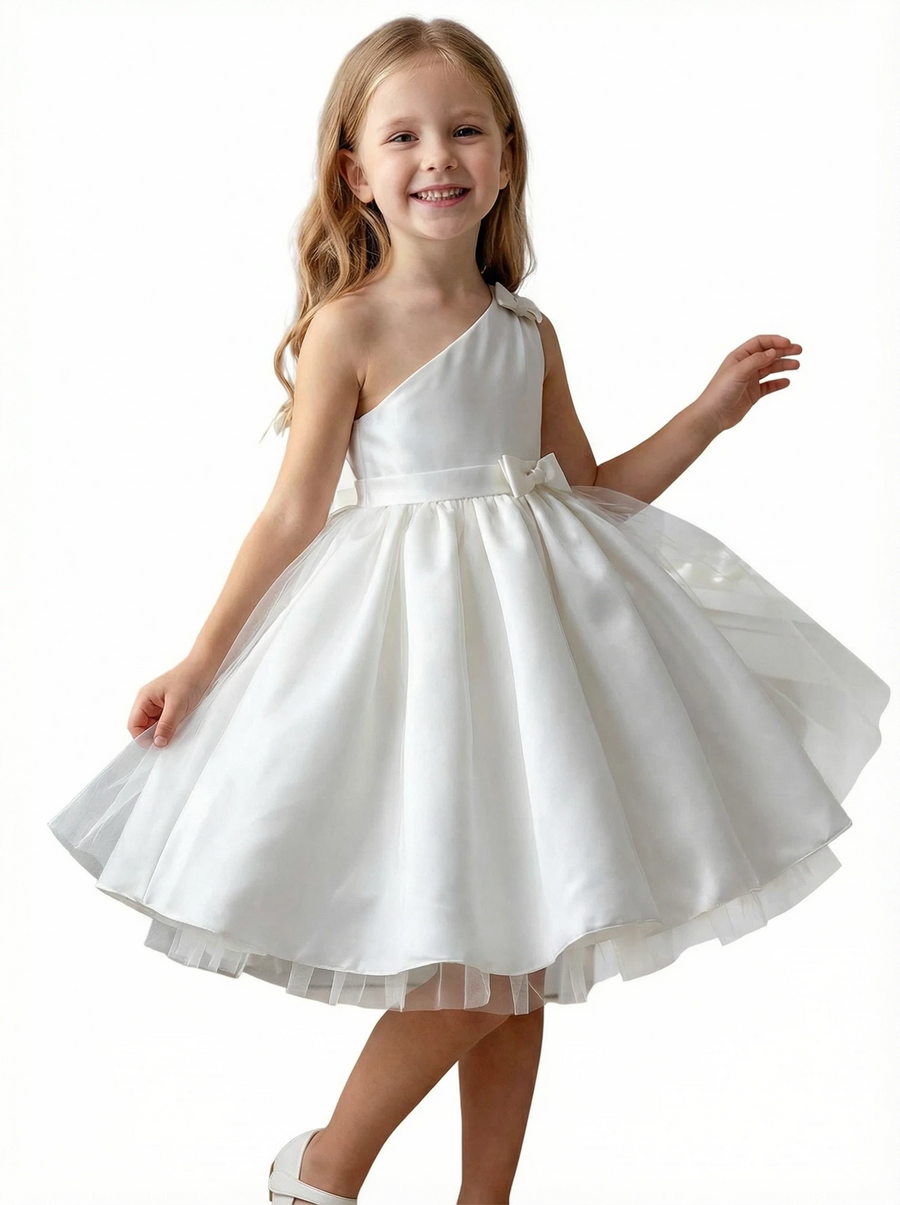 One-Shoulder Sleeveless Flower Girl Dress A-Line Satin & Tulle Gown with Waist Bow Detail for Weddings & Special Occasions