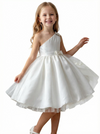 One-Shoulder Sleeveless Flower Girl Dress A-Line Satin & Tulle Gown with Waist Bow Detail for Weddings & Special Occasions
