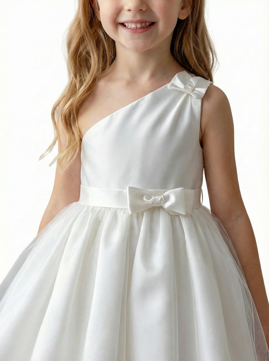 One-Shoulder Sleeveless Flower Girl Dress A-Line Satin & Tulle Gown with Waist Bow Detail for Weddings & Special Occasions