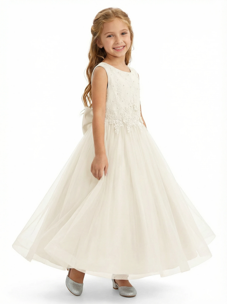Sleeveless Round-Neck Flower Girl Gown Tulle Dress with Pearl Embellishments & Lace Appliqués for Wedding Ceremonies