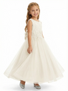 Sleeveless Round-Neck Flower Girl Gown Tulle Dress with Pearl Embellishments & Lace Appliqués for Wedding Ceremonies