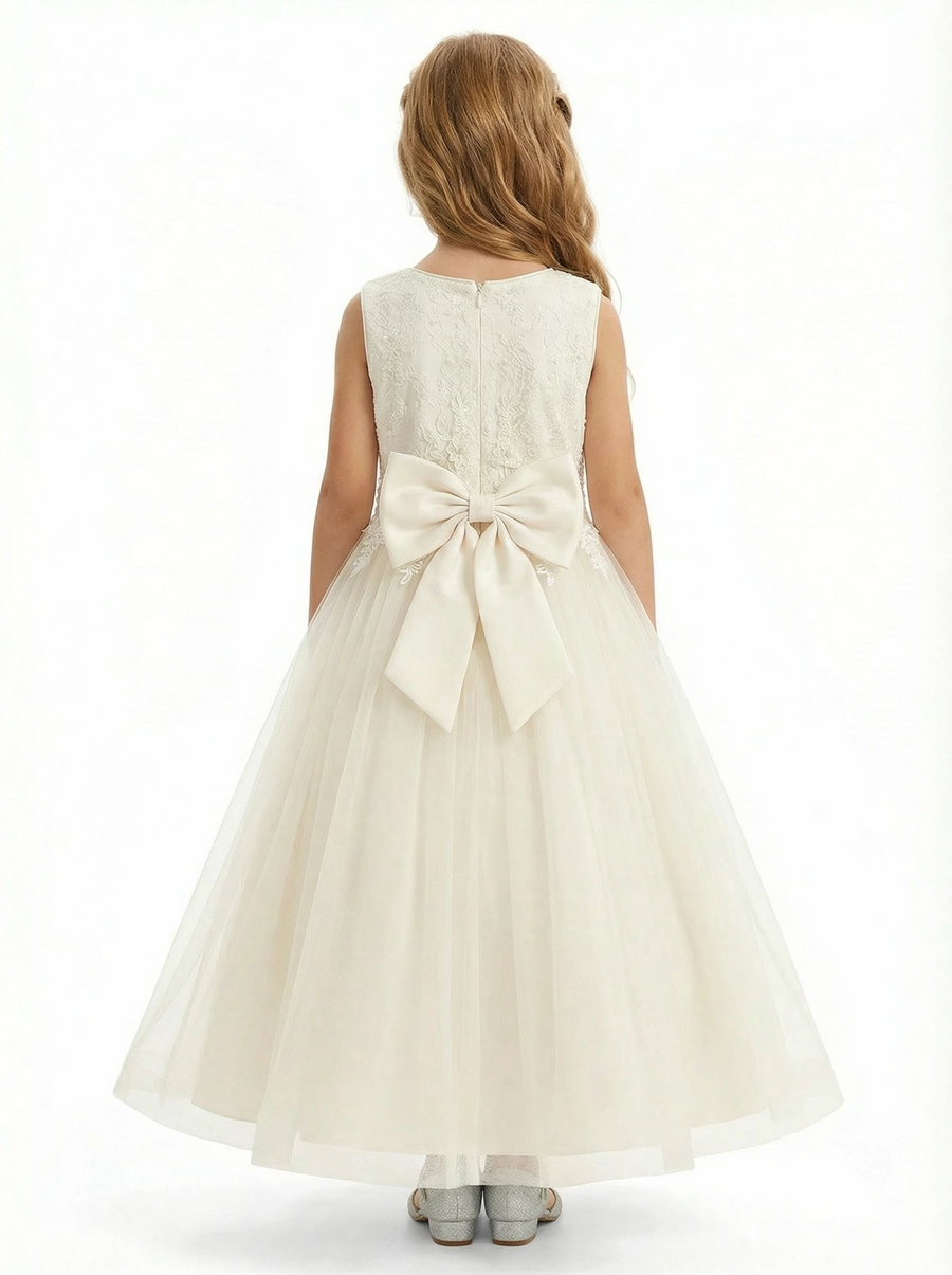 Sleeveless Round-Neck Flower Girl Gown Tulle Dress with Pearl Embellishments & Lace Appliqués for Wedding Ceremonies