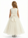 Sleeveless Round-Neck Flower Girl Gown Tulle Dress with Pearl Embellishments & Lace Appliqués for Wedding Ceremonies