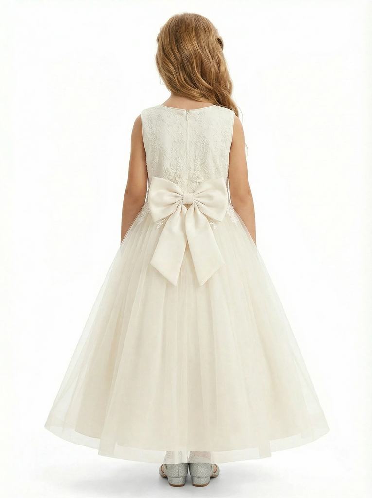 Sleeveless Round-Neck Flower Girl Gown Tulle Dress with Pearl Embellishments & Lace Appliqués for Wedding Ceremonies