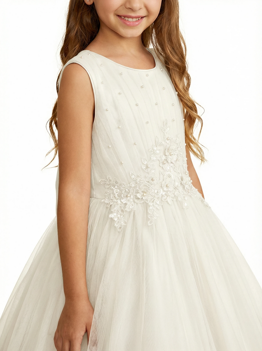 Sleeveless Round-Neck Flower Girl Gown Tulle Dress with Pearl Embellishments & Lace Appliqués for Wedding Ceremonies
