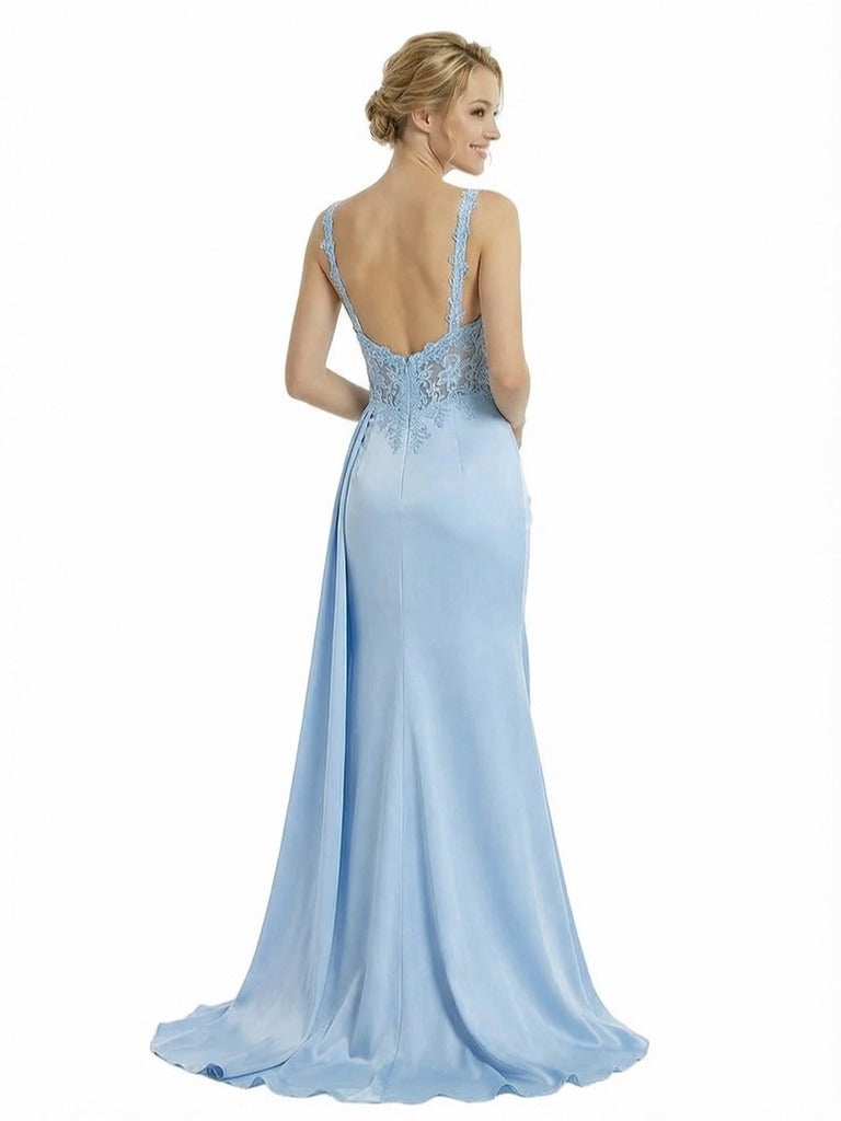ChicSew Fancy V-Neck Corset Lace Ruched Satin Mermaid Floor Length Formal Evening Gown