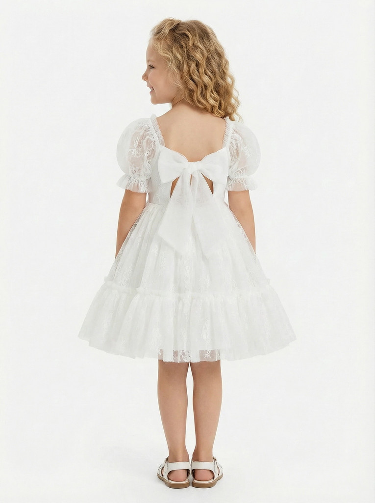 Puff Short Sleeves Tulle Bow Flower Girl Dress Birthday Party Dresses