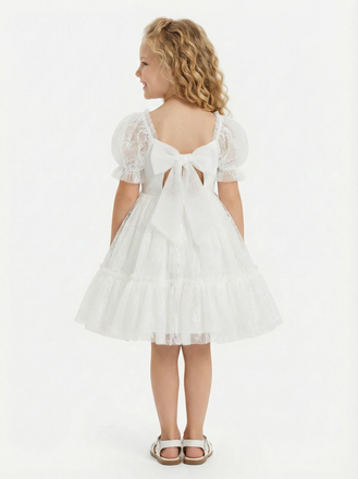 Puff Short Sleeves Tulle Bow Flower Girl Dress Birthday Party Dresses