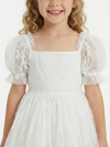 Puff Short Sleeves Tulle Bow Flower Girl Dress Birthday Party Dresses