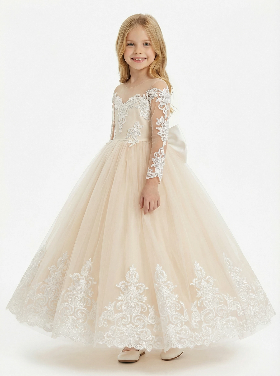 Wedding Lace Flowers Girl Gowns Floor Length Pageant Dress Flower Princess Bow Knot