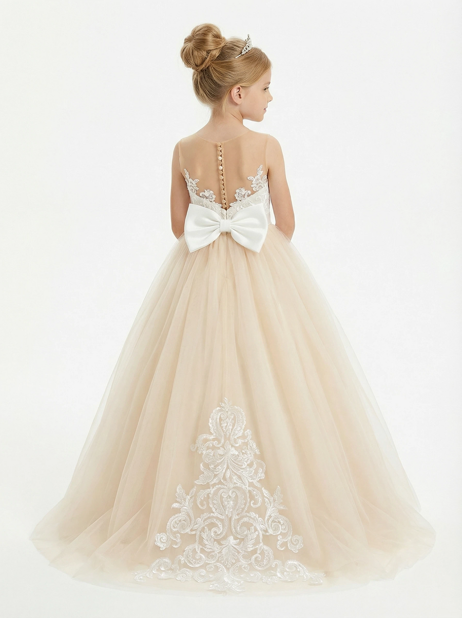 Wedding Lace Flowers Girl Gowns Floor Length Pageant Dress Flower Princess Bow Knot