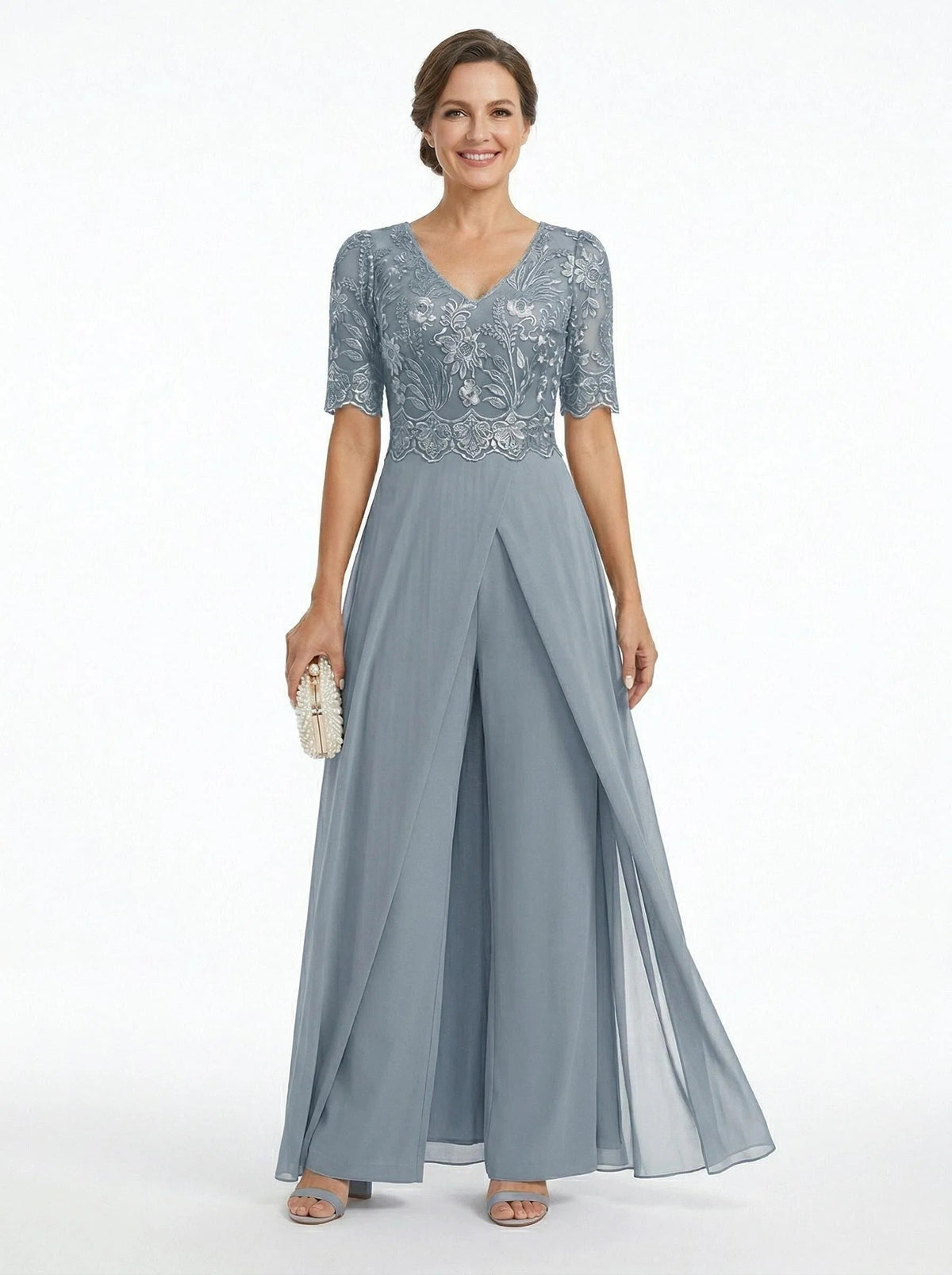 Elegant V-neck Chiffon And Lace Half Sleeves Pantsuit For Mother Of The Bride OverSkirt