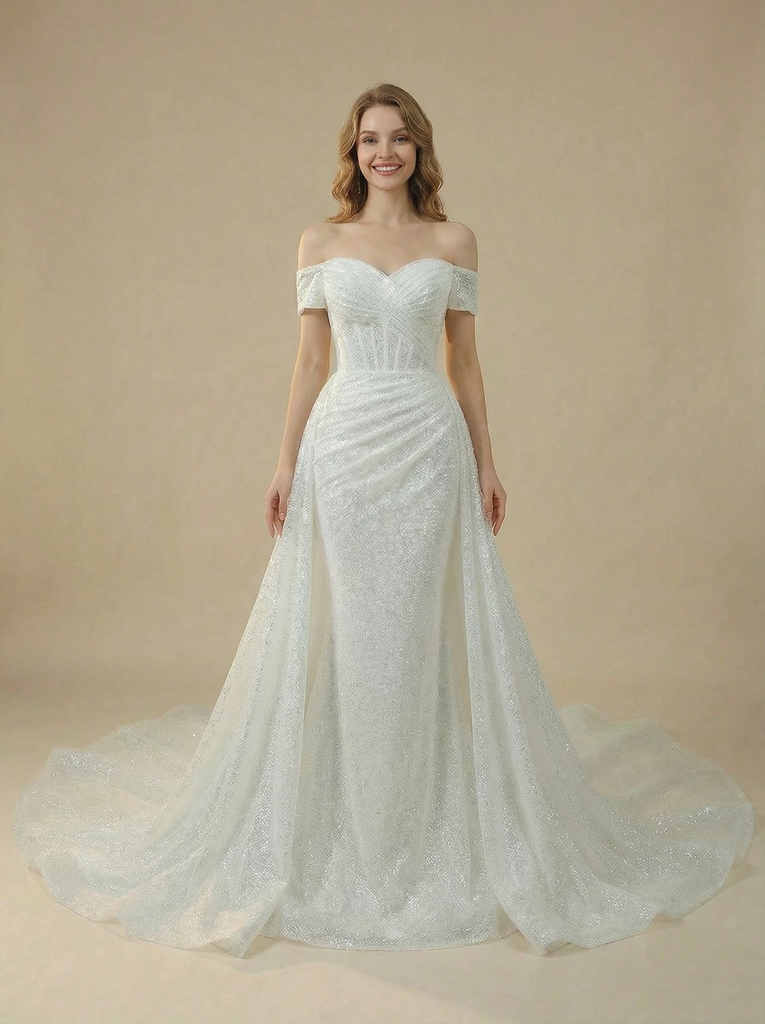 Mermaid Off Shoulder Sweetheart Boning Maxi Long Sequin Wedding Gowns With Overskirt
