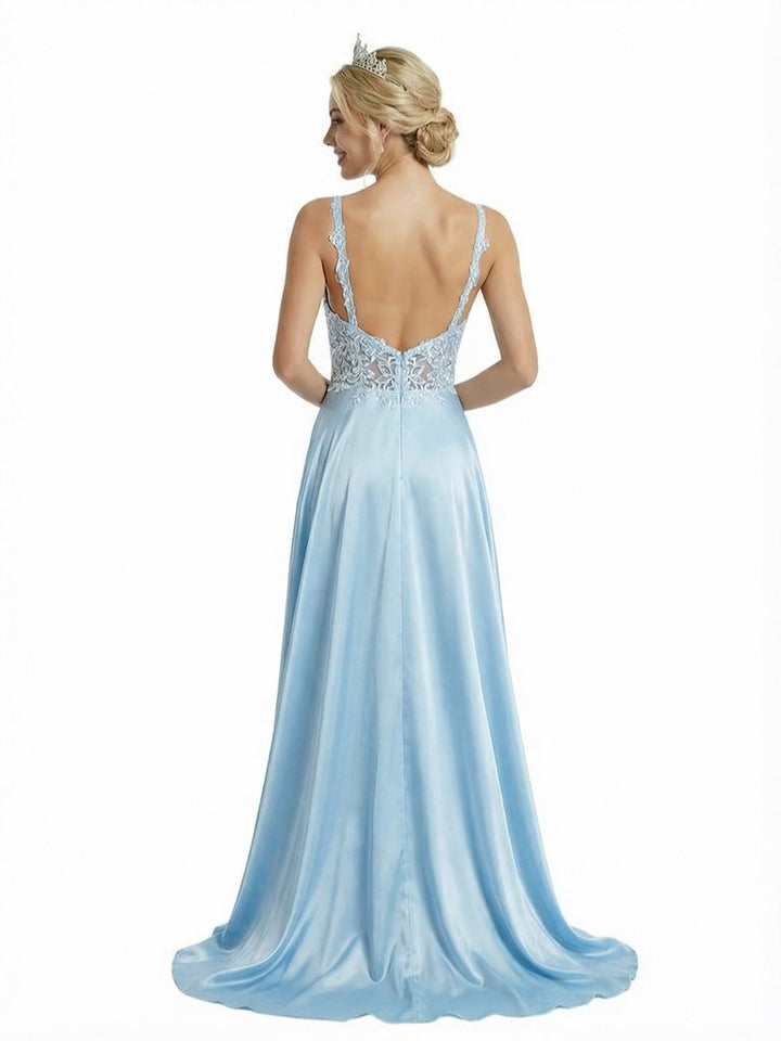 ChicSew Elegant Spaghetti Strap V-Neck Prom Dress Lace Applique High Slit A-Line Silhouette Floor Length Formal Evening Gown