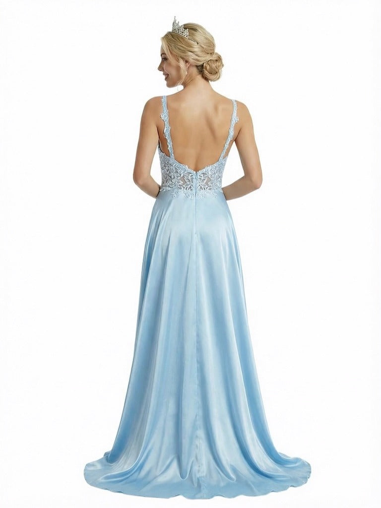 ChicSew Elegant Spaghetti Strap V-Neck Prom Dress Lace Applique High Slit A-Line Silhouette Floor Length Formal Evening Gown