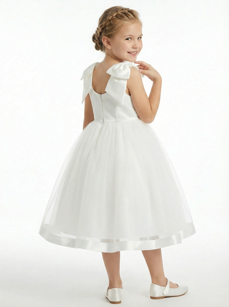 Vintage Lace Girls Wedding Guest Dress Knee Length Childrens Dresses for Wedding Big Bow