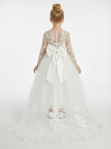 Vintage Lace Girls Wedding Party Dress Floor Length Long Sleeve Bow Sash A Line Flower Dress