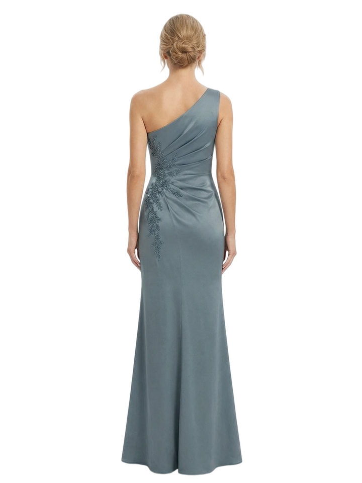 Elegant One Shoulder Lace Satin Maxi Gown Mother of The Bride Dresses