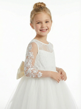 Vintage Lace Girls Wedding Party Dress Floor Length Long Sleeve Bow Sash A Line Flower Dress