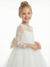 Vintage Lace Girls Wedding Party Dress Floor Length Long Sleeve Bow Sash A Line Flower Dress