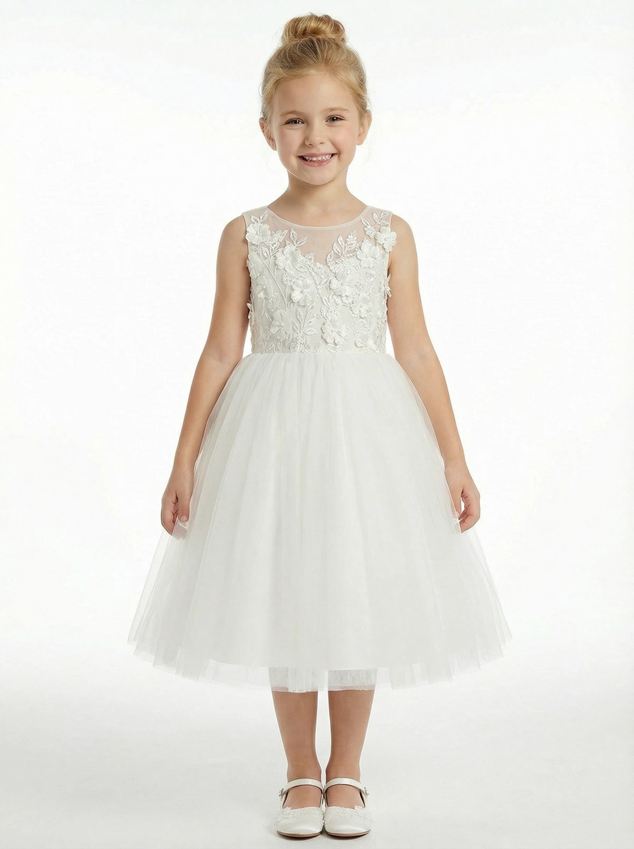Floral Lace Flower Girl Dress Sleeveless Tulle Skirt Round Neck Wedding Toddler Bridesmaid