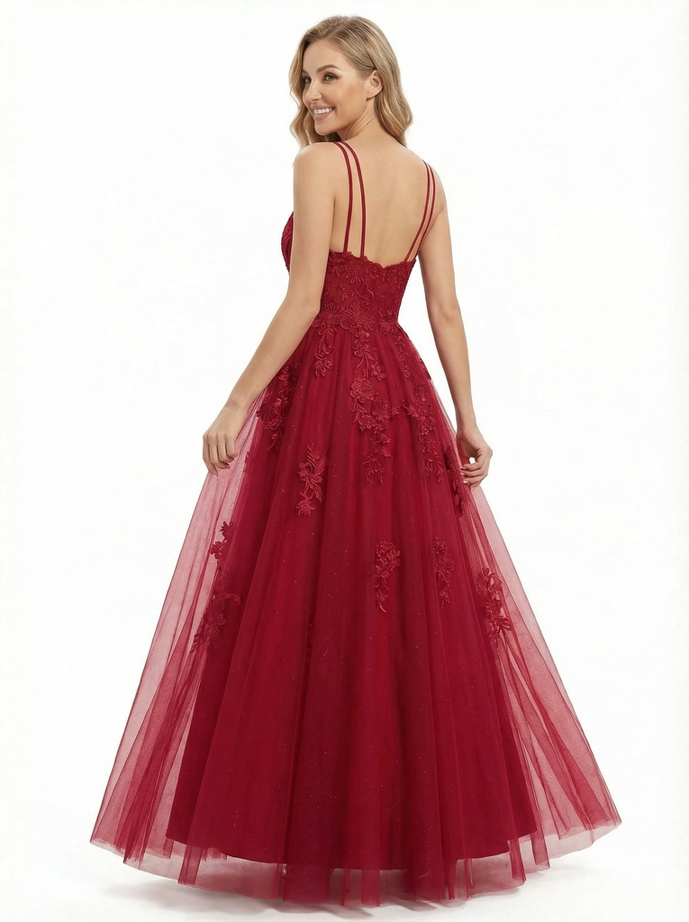 Elegant Cut Out Tulle Lace Applique V-neck A-line Formal Prom Dresses