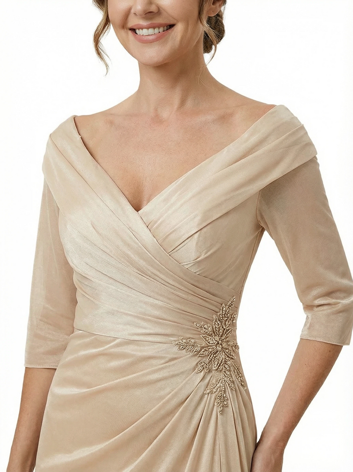 Elegant V-Neck Off Shoulder Ruched Satin Mermaid Mother Of The Bride Dresses With Sleeve