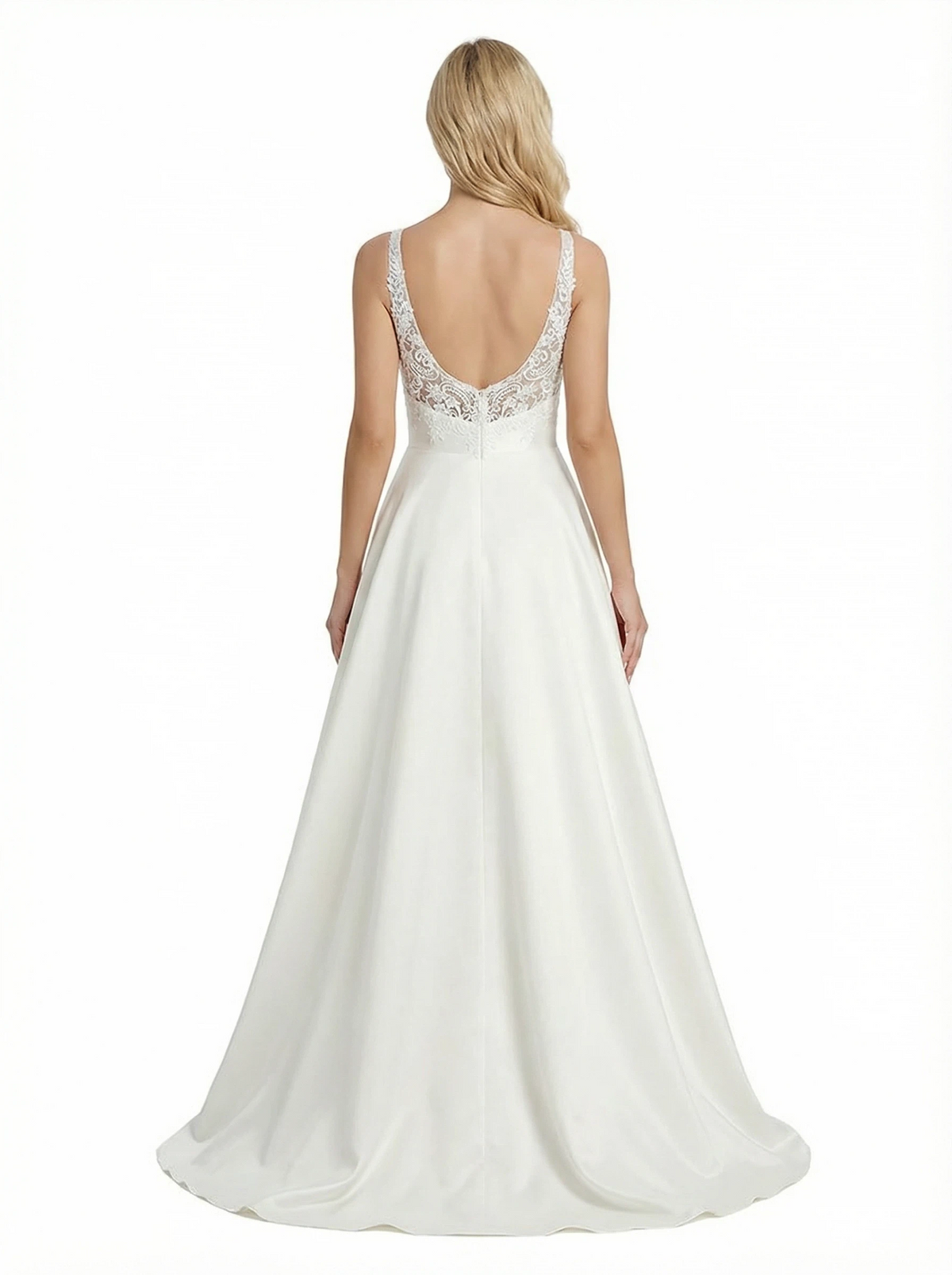 Elegant V-Neck Formal Gown Lace Bodice Satin Fabric A-line Floor Length Prom Party Dress