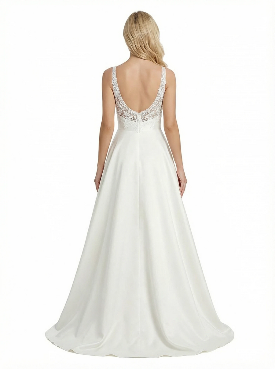 Elegant V-Neck Formal Gown Lace Bodice Satin Fabric A-line Floor Length Prom Party Dress