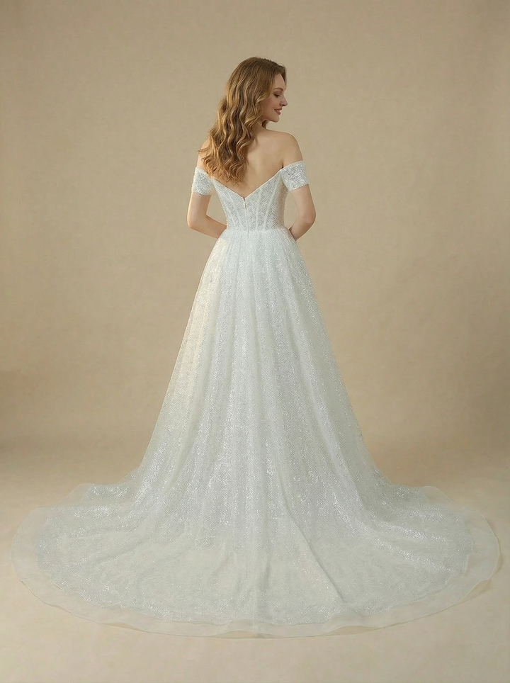 Mermaid Off Shoulder Sweetheart Boning Maxi Long Sequin Wedding Gowns With Overskirt