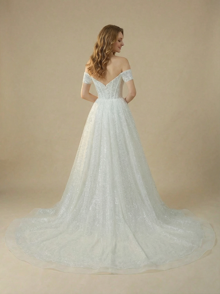 Mermaid Off Shoulder Sweetheart Boning Maxi Long Sequin Wedding Gowns With Overskirt