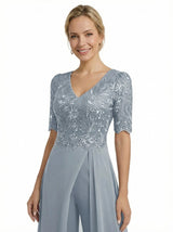 Elegant V-neck Chiffon And Lace Half Sleeves Pantsuit For Mother Of The Bride OverSkirt