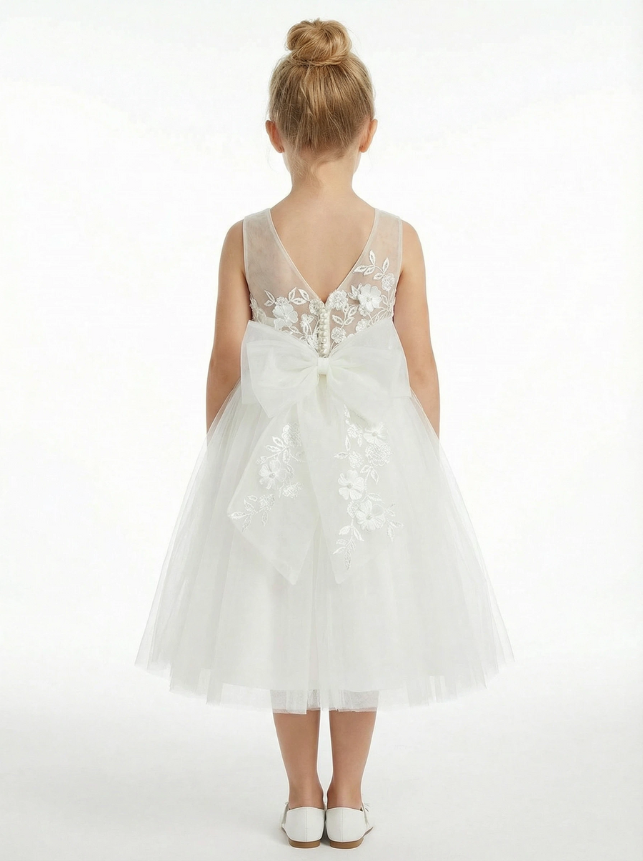 Floral Lace Flower Girl Dress Sleeveless Tulle Skirt Round Neck Wedding Toddler Bridesmaid