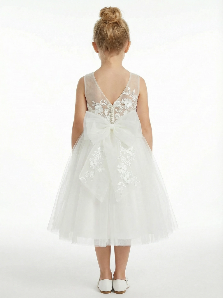 Floral Lace Flower Girl Dress Sleeveless Tulle Skirt Round Neck Wedding Toddler Bridesmaid