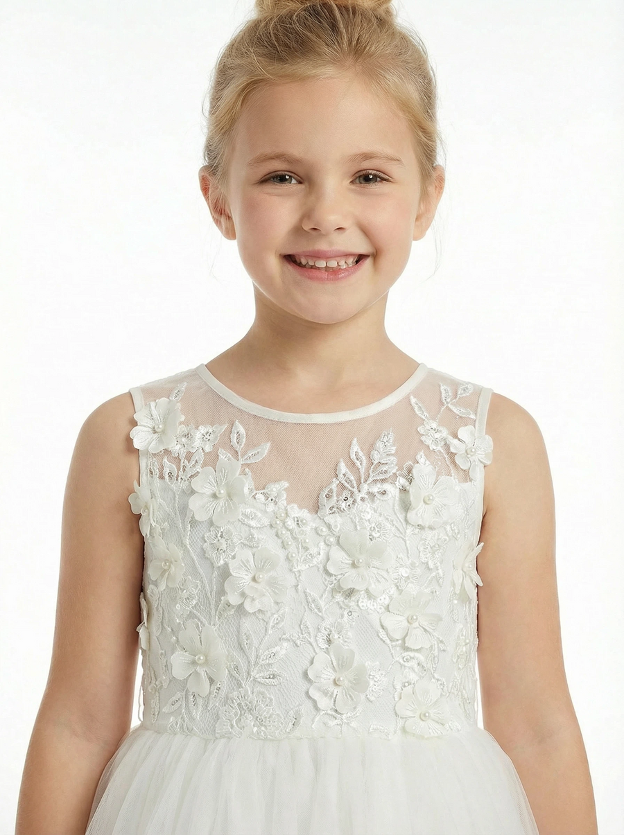 Floral Lace Flower Girl Dress Sleeveless Tulle Skirt Round Neck Wedding Toddler Bridesmaid