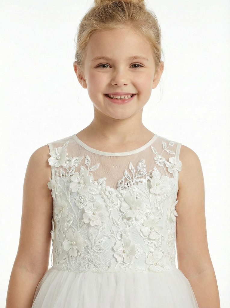 Floral Lace Flower Girl Dress Sleeveless Tulle Skirt Round Neck Wedding Toddler Bridesmaid