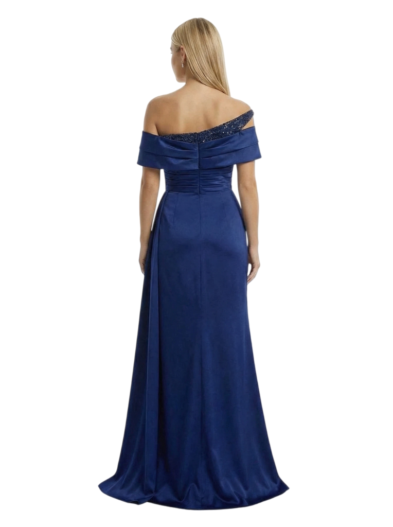 Chic Off the Shoulder Formal Evening Gown Satin Sequin Bodice Floor Length Prom Dress Side Drape
