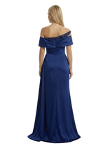 Chic Off the Shoulder Formal Evening Gown Satin Sequin Bodice Floor Length Prom Dress Side Drape