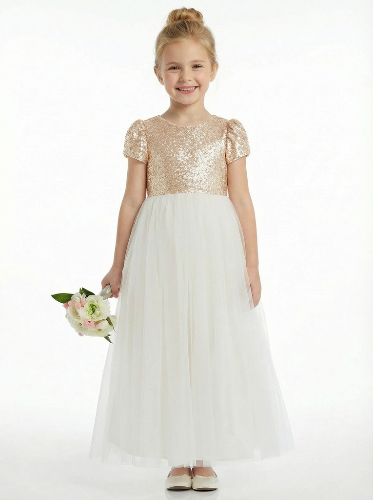 Sequin Girl Bridesmaid Gowns Tulle Short Sleeve Sparkle Communion Dresses Flower Girl Dress, Off-White