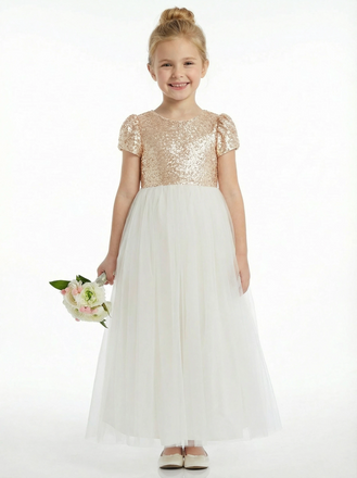Sequin Girl Bridesmaid Gowns Tulle Short Sleeve Sparkle Communion Dresses Flower Girl Dress